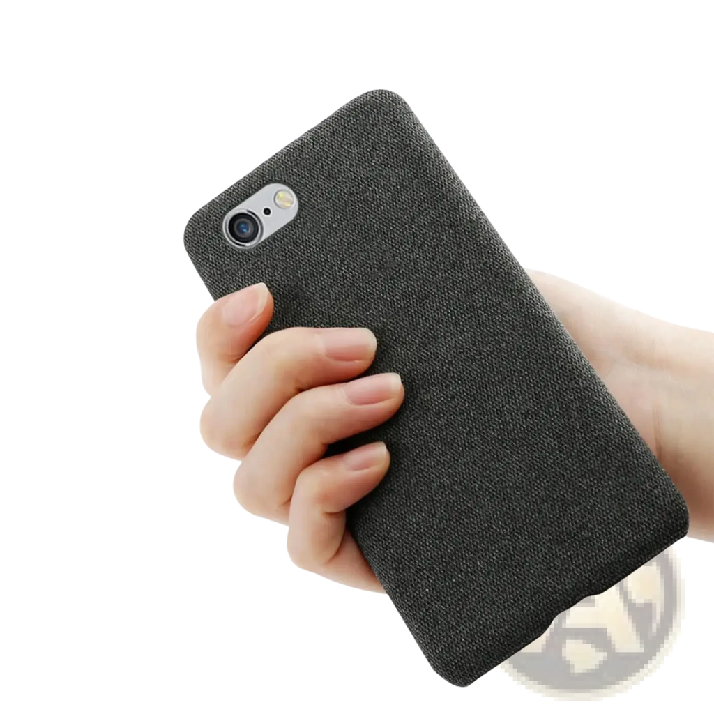 Iphone Se 2016 fabric hard case gray slim cover showing the back with dark gray textured woven fabric
