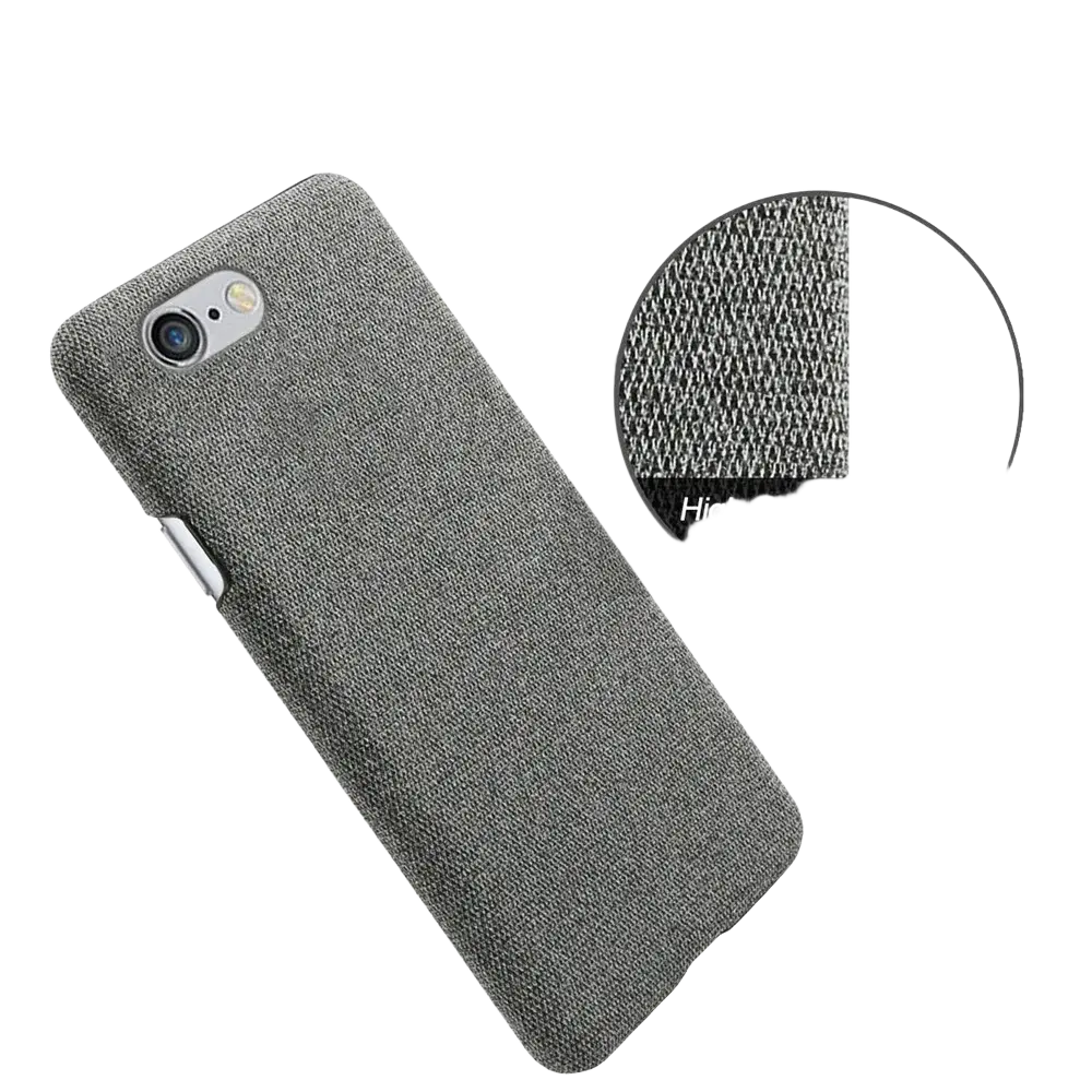 Back side of a gray felt cloth iphone se 2016 fabric hard case with a textured woven pattern slim cover