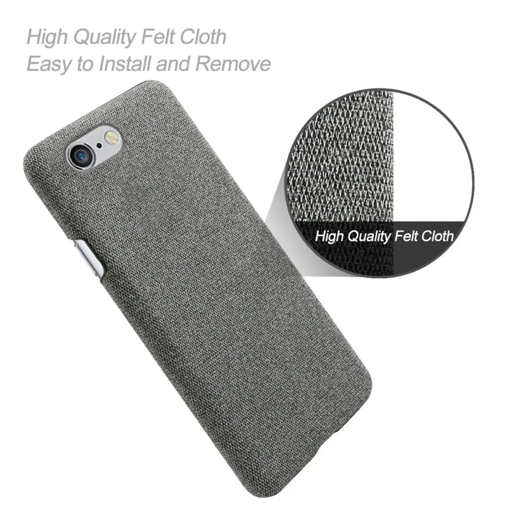 Back side of a gray felt cloth iphone se 2016 fabric hard case with a textured woven pattern slim cover