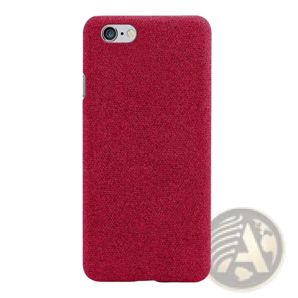 Back of an iPhone SE 2016 fabric hard case in red denim texture with a silver camera cutout and slim gray cover
