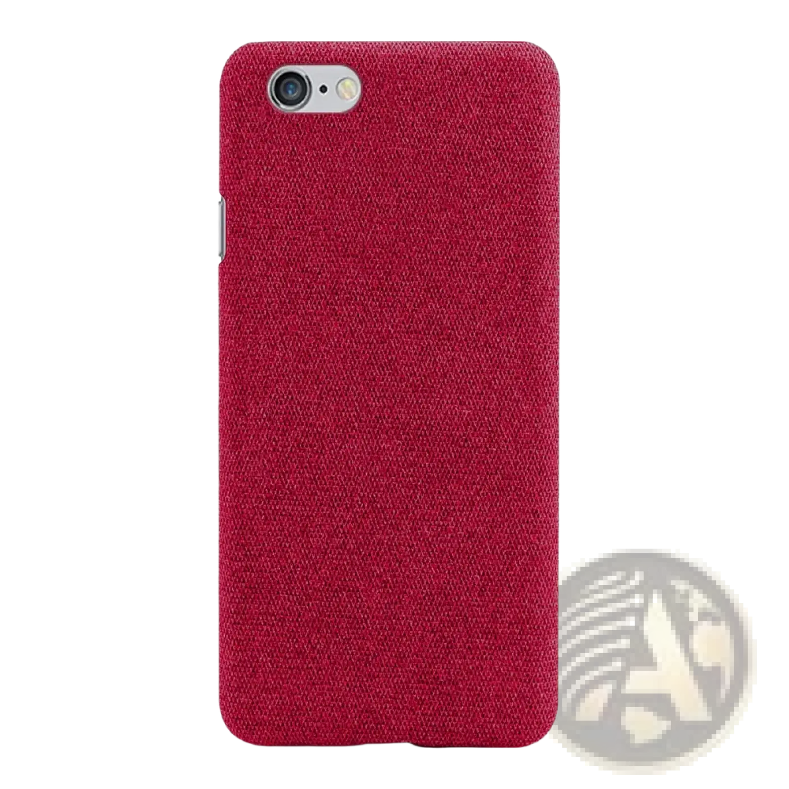 Back of an iPhone SE 2016 fabric hard case in red denim texture with a silver camera cutout and slim gray cover