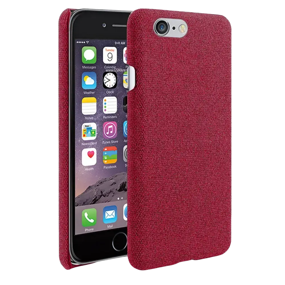 Red textured fabric hard case for iphone se 2016 showing the back side with a slim gray cover design
