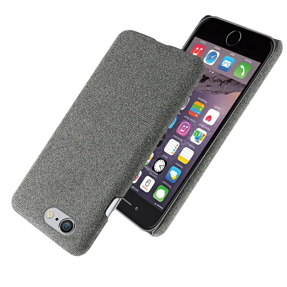 Back side of an iphone se 2016 fabric hard case slim cover in gray with a textured woven pattern design