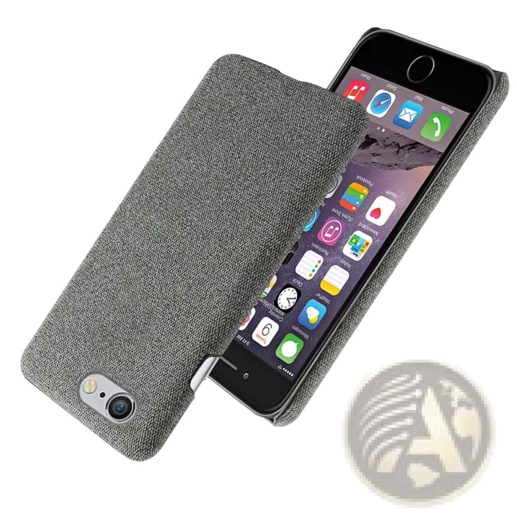 Back side of an iphone se 2016 fabric hard case slim cover in gray with a textured woven pattern design