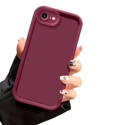 Back side of an iphone se 2022 matte shockproof case in sleek matte burgundy silicone with raised camera cutout and textured edges