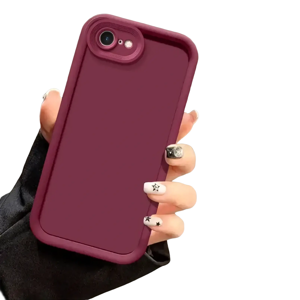 Back side of an iphone se 2022 matte shockproof case in sleek matte burgundy silicone with raised camera cutout and textured edges