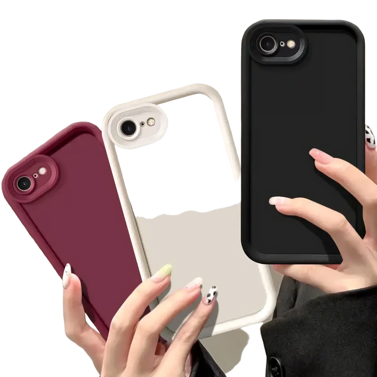 Three iphone se 2022 matte shockproof cases in burgundy beige and black shown from the back with camera cutouts