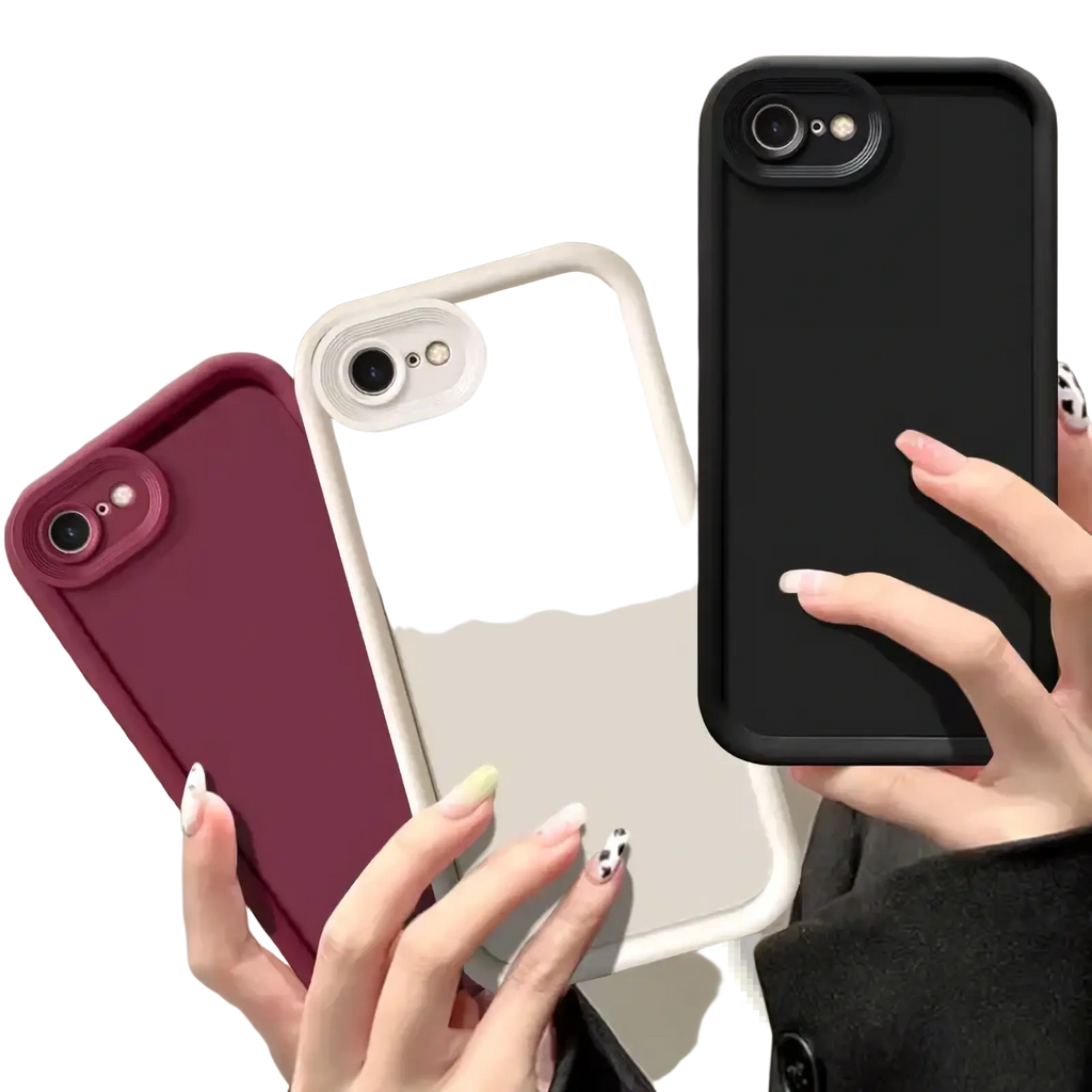 Three iphone se 2022 matte shockproof cases in burgundy beige and black shown from the back with camera cutouts