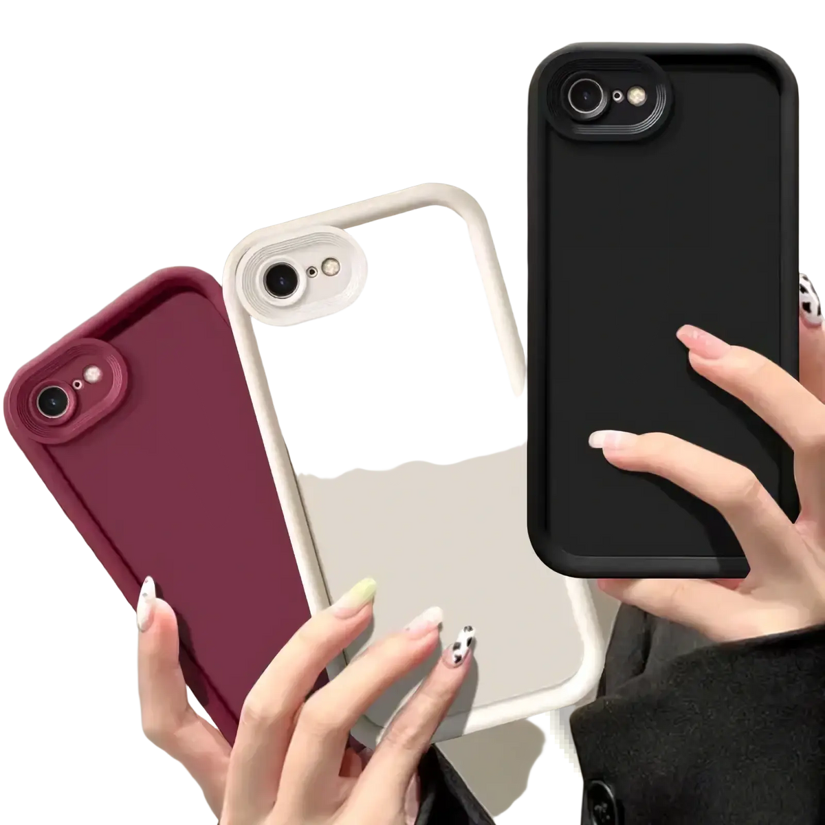 Three iphone se 2022 matte shockproof cases in burgundy beige and black shown from the back with camera cutouts