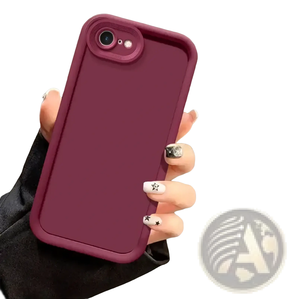 Back side of an iphone se 2022 matte shockproof case in sleek matte burgundy silicone with raised camera cutout and textured edges