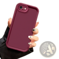 Back side of an iphone se 2022 matte shockproof case in sleek matte burgundy silicone with raised camera cutout and textured edges