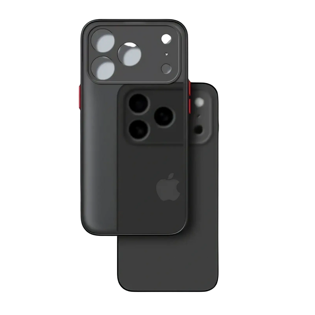 Black transparent shockproof phone case with red accent on side for iphone 13 pro max shown from back side