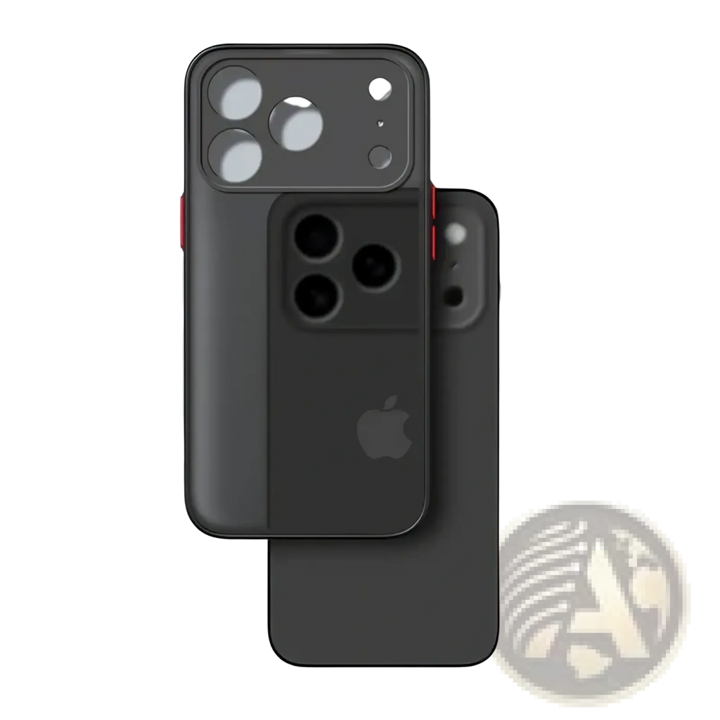 Black transparent shockproof phone case with red accent on side for iphone 13 pro max shown from back side