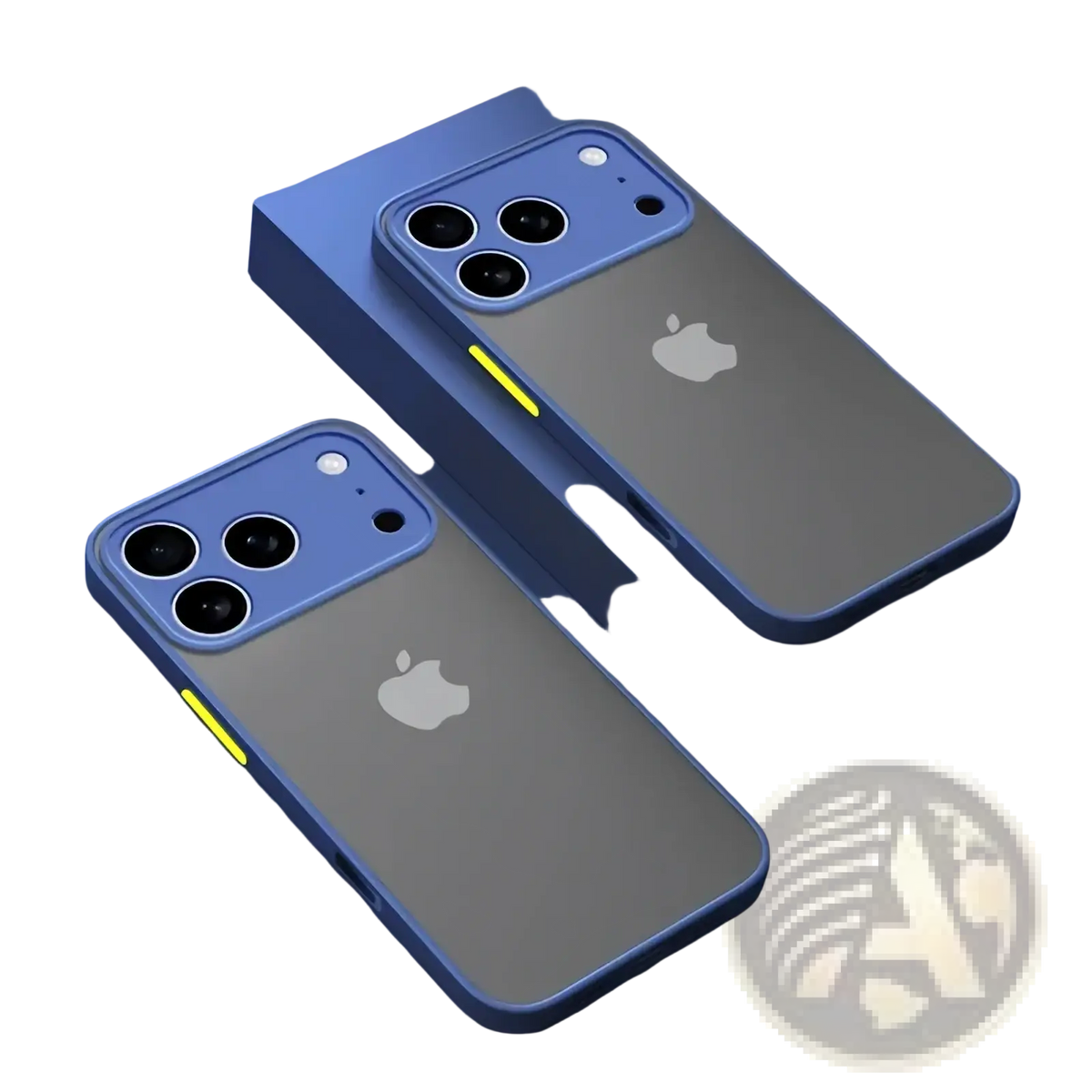 Back side of iphone translucent armor shockproof case in blue transparent material with yellow accent stripe along side