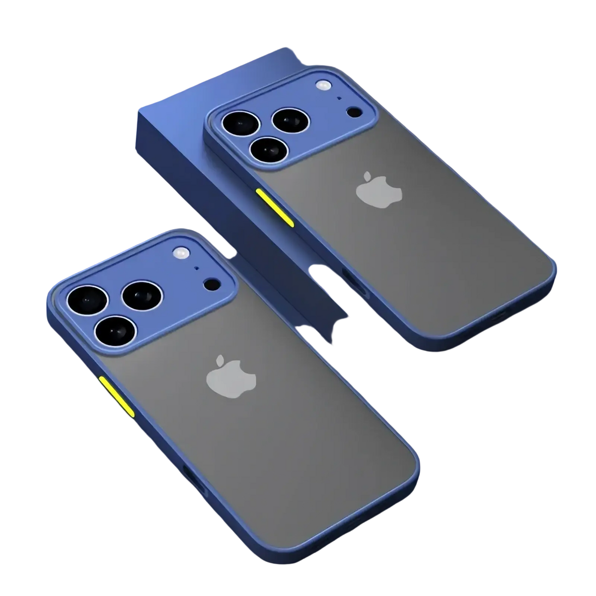 Back side of iphone translucent armor shockproof case in blue transparent material with yellow accent stripe along side