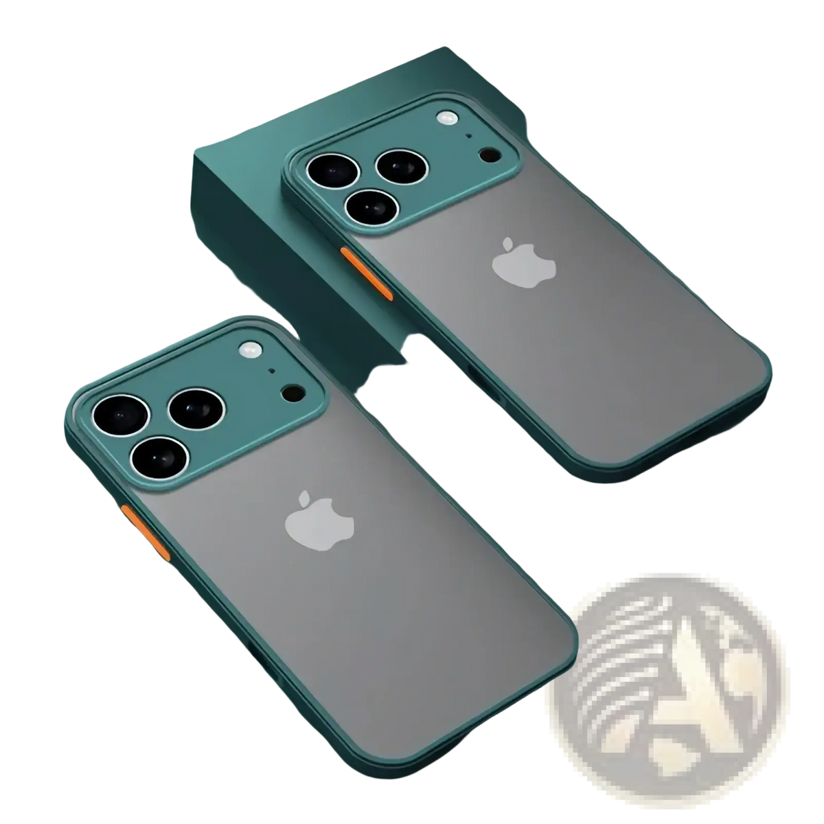 Teal-framed iphone translucent armor shockproof case with orange accent on the side shown from the back side