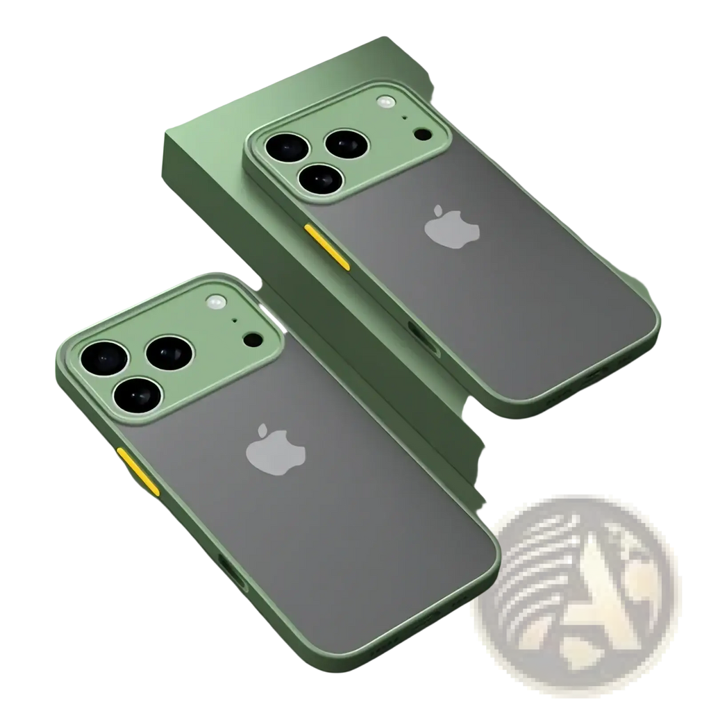 Back side of mint green iphone 13 pro translucent armor shockproof case with transparent back and yellow accent strip