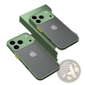 Back side of mint green iphone 13 pro translucent armor shockproof case with transparent back and yellow accent strip