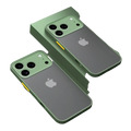 Back side of mint green iphone 13 pro translucent armor shockproof case with transparent back and yellow accent strip