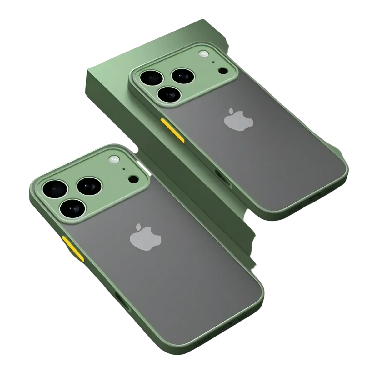 Back side of mint green iphone 13 pro translucent armor shockproof case with transparent back and yellow accent strip