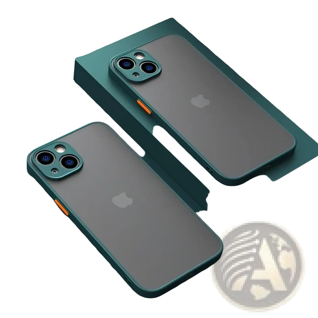 IPhone translucent armor shockproof case showing back side with teal frame and orange accent strip