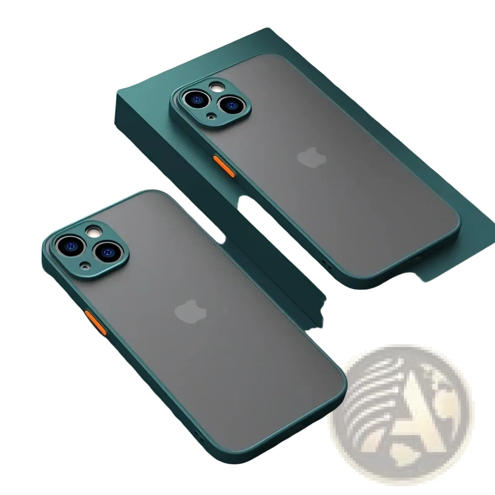 IPhone translucent armor shockproof case showing back side with teal frame and orange accent strip