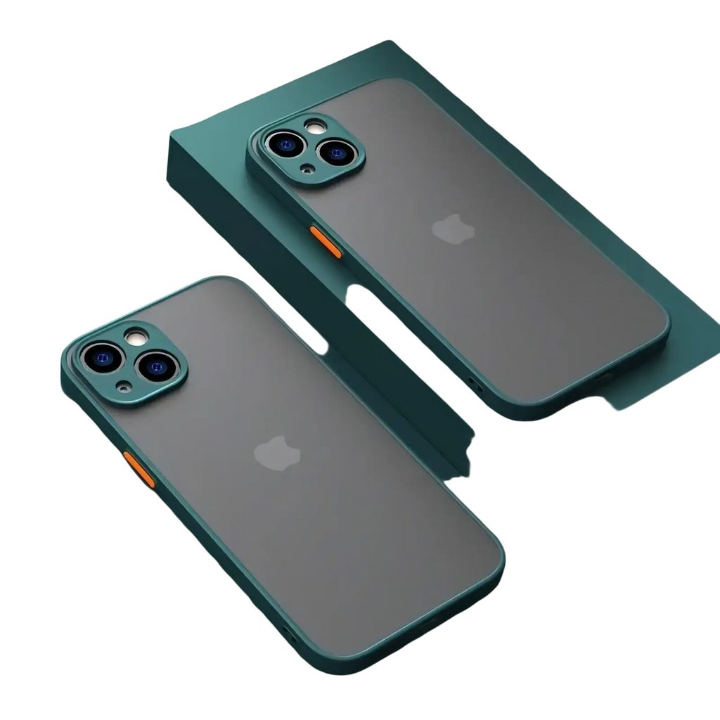 IPhone translucent armor shockproof case showing back side with teal frame and orange accent strip