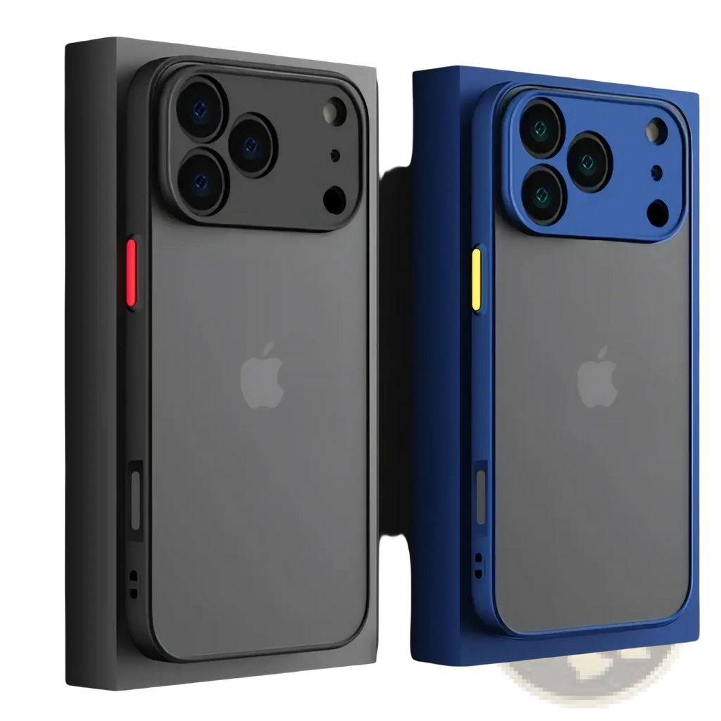 Back side of iphone translucent armor shockproof cases with transparent gray and blue metallic frames and subtle apple logo