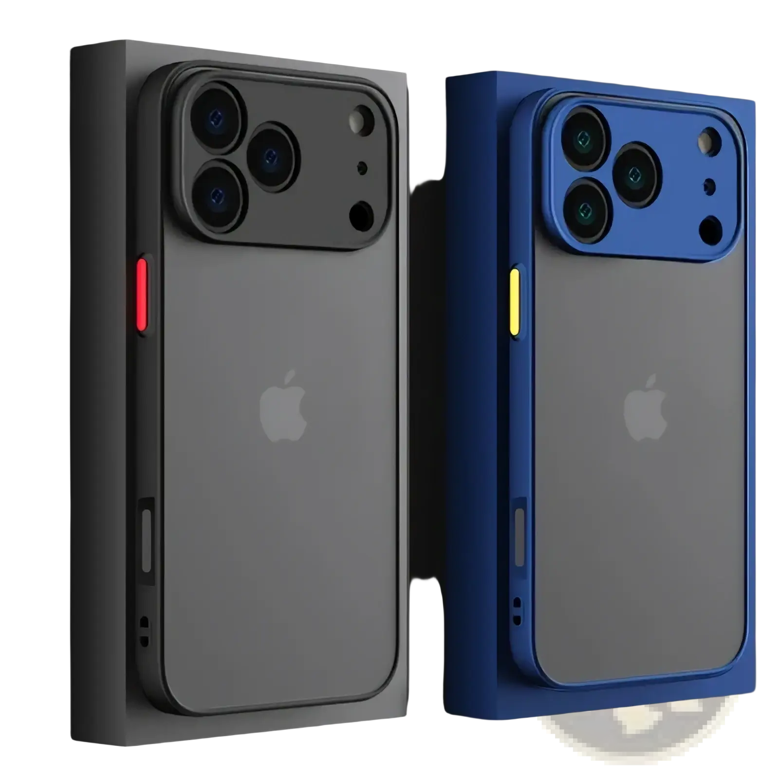 Back side of iphone translucent armor shockproof cases with transparent gray and blue metallic frames and subtle apple logo