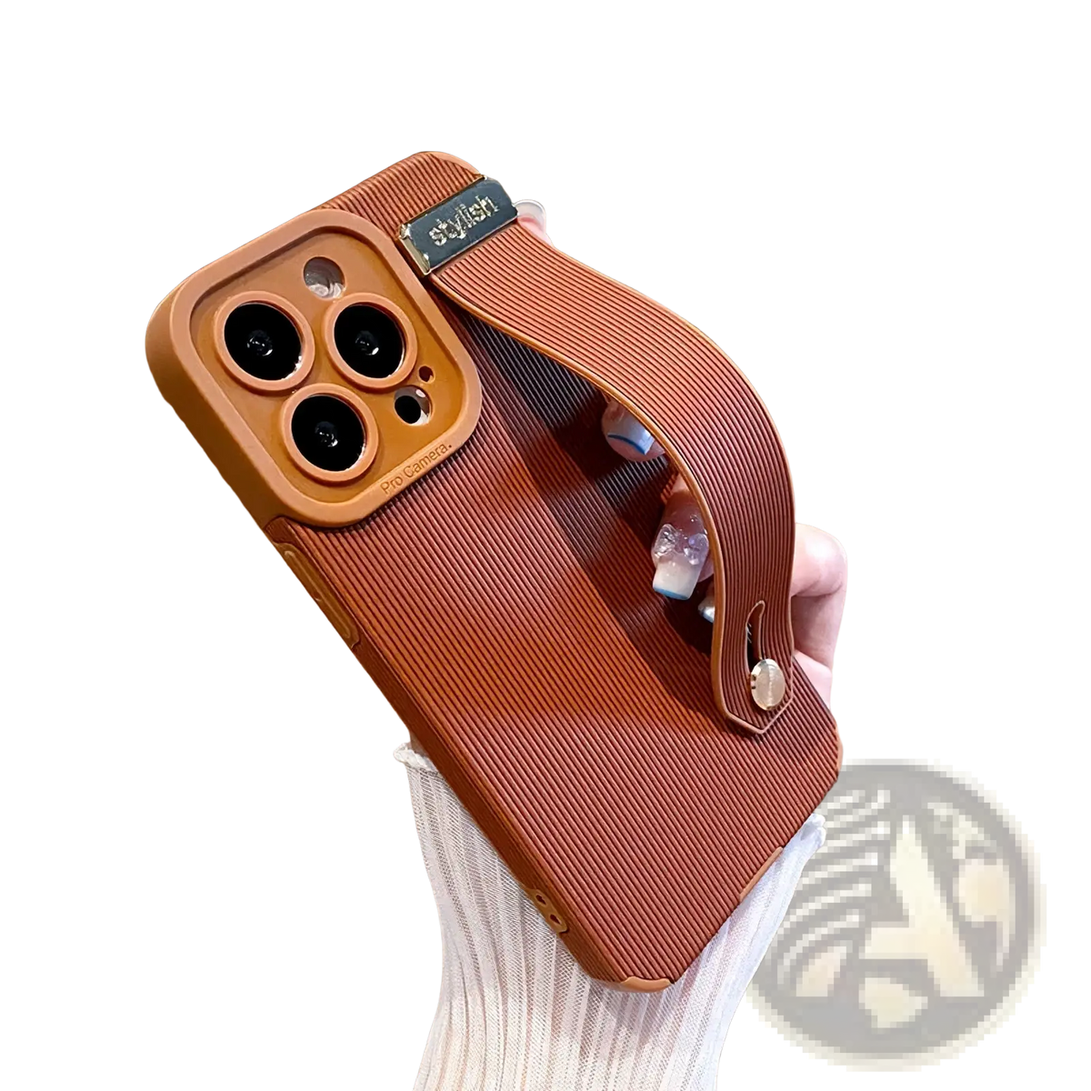 Back side of brown leather iphone wrist strap case with vertical pattern and stylish tag camera cutout