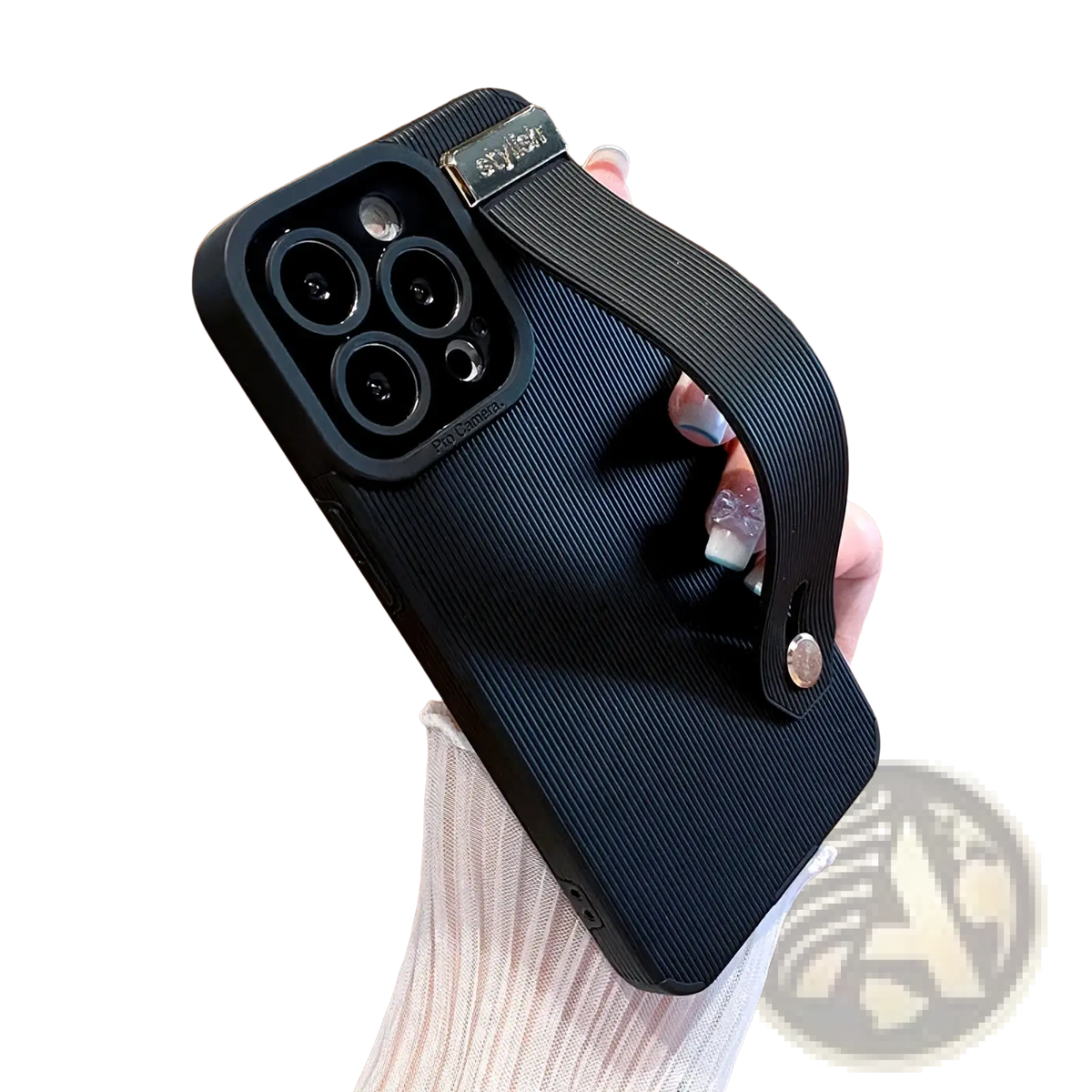 Black textured iphone wrist strap leather case with fabric strap and metallic accent shown from the back side