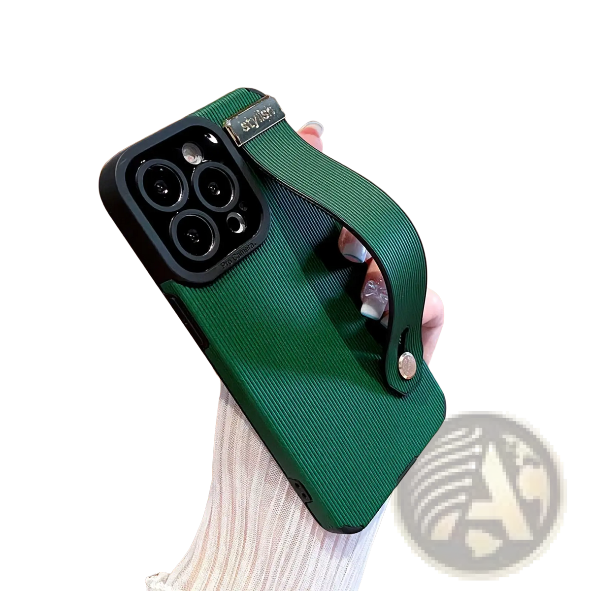 Green leather iPhone wrist strap case with vertical pattern and built-in grip strap shown from the back side