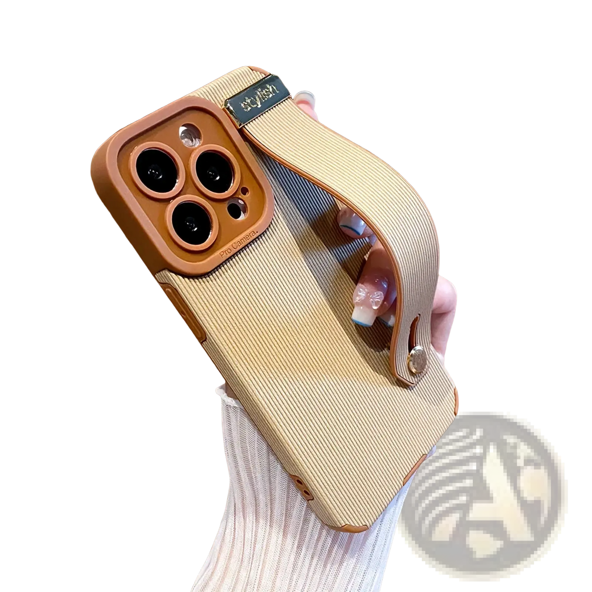 Beige textured iphone wrist strap leather case with brown camera cutout and stylish leather tag on the back side