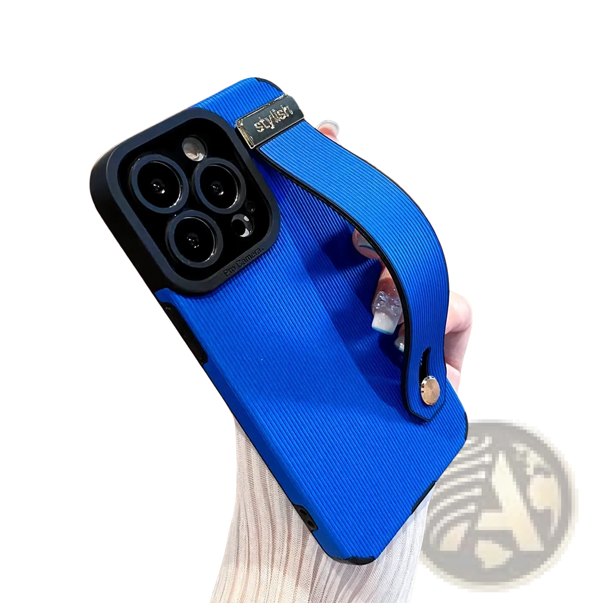 Vibrant blue iphone wrist strap leather case with vertical pattern back side featuring built-in grip strap and black camera cutout