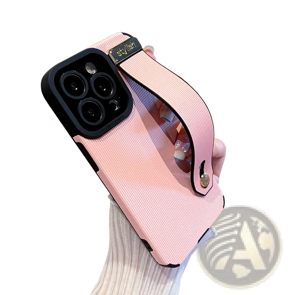 Back view of a pink leather iphone wrist strap case with vertical texture, black camera cutout, and stylish gold plaque