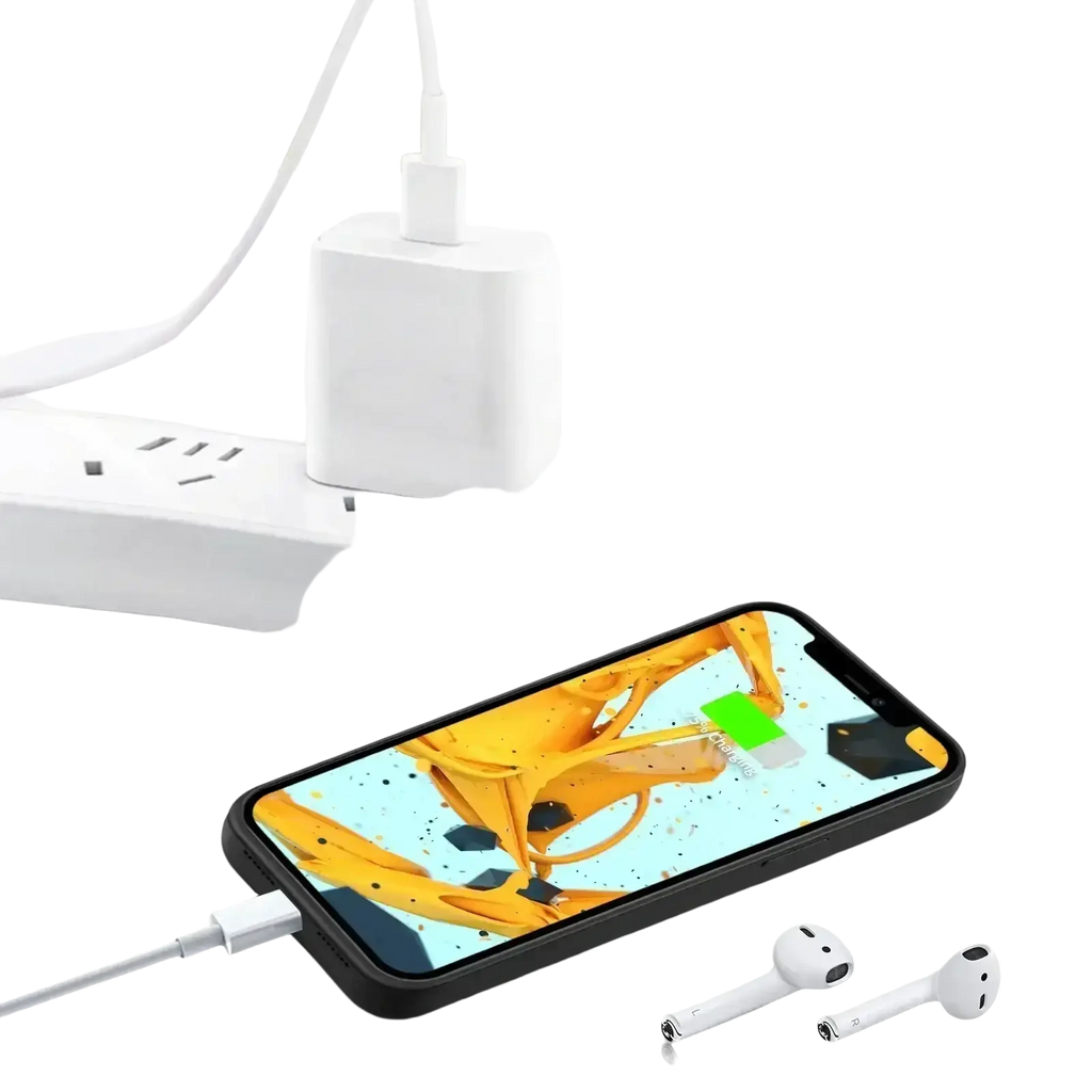 White usb-c wall charger connected to iphone xr via cable for efficient battery charger power case use