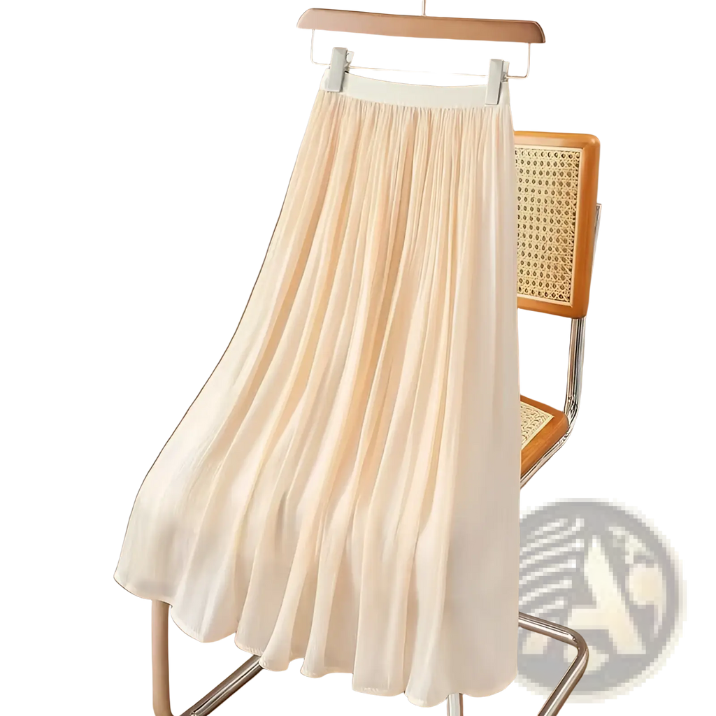 A flowing pale peach iridescent chiffon pleated skirt made of lightweight fabric hanging on a wooden hanger