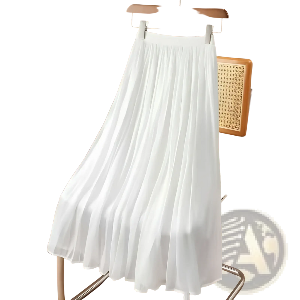 A flowing white iridescent chiffon pleated skirt made of lightweight sheer fabric hangs on a wooden hanger