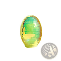 An iridescent glass disco egg ball ornament featuring a shimmering mosaic of green and gold mirrored tiles