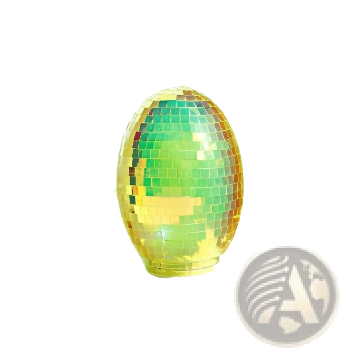 An iridescent glass disco egg ball ornament featuring a shimmering mosaic of green and gold mirrored tiles