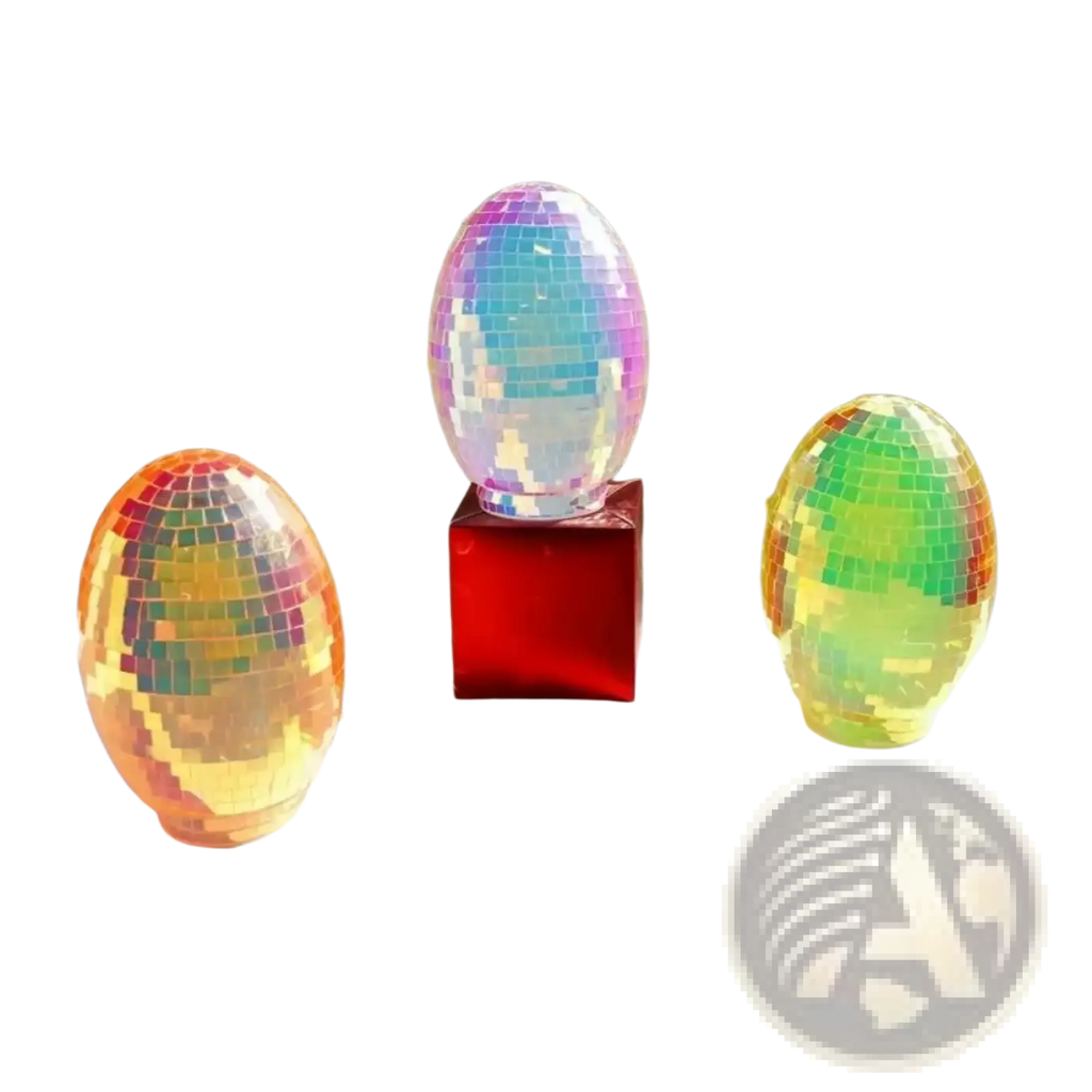 Iridescent glass disco egg ball ornament with reflective rainbow-colored mosaic tiles for decorative use
