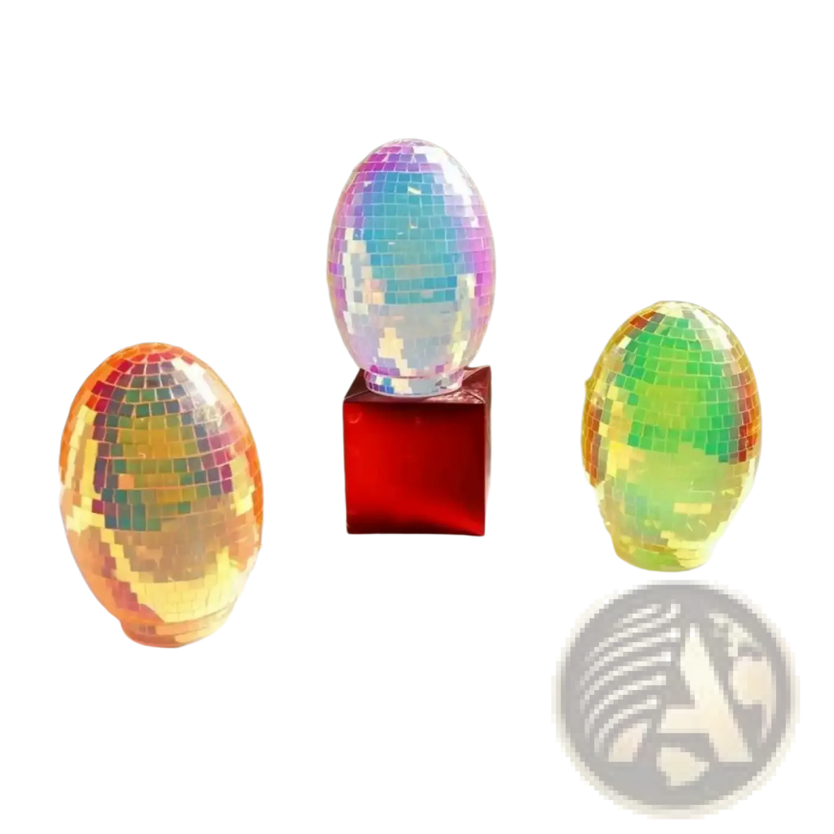 Iridescent glass disco egg ball ornament with reflective rainbow-colored mosaic tiles for decorative use