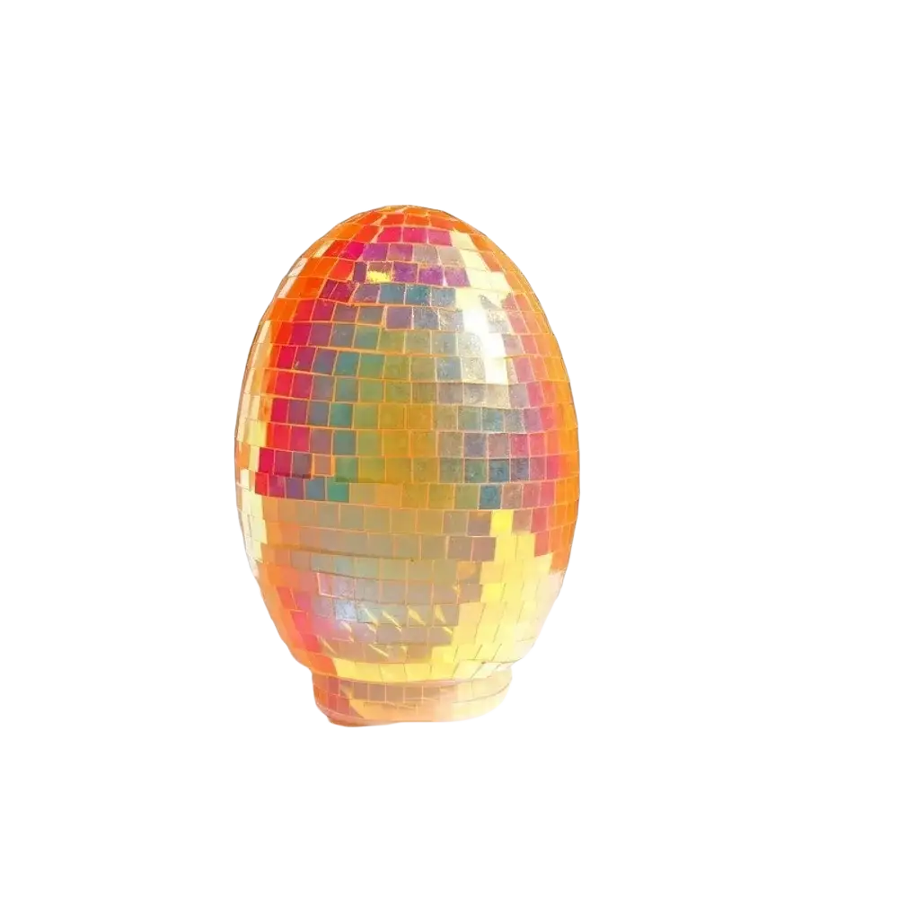 A shimmering iridescent glass disco egg ball ornament with mosaic tiles reflecting rainbow hues
