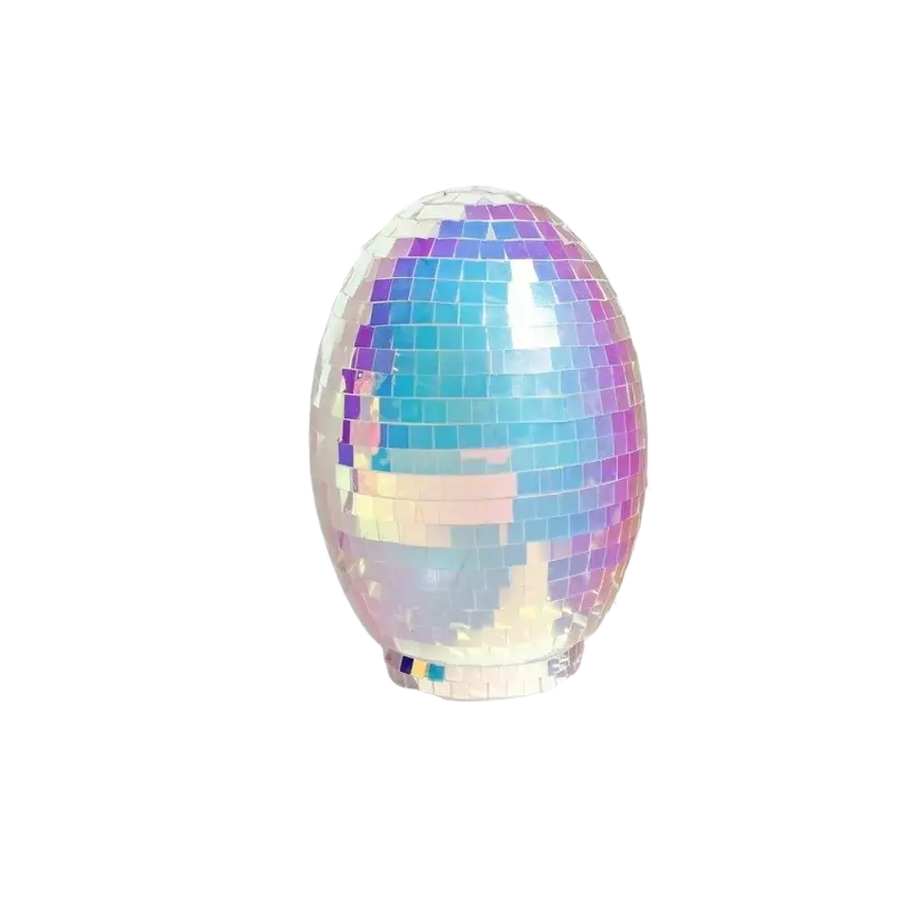 Iridescent glass disco egg ball ornament with shimmering mosaic tiles reflecting blue purple and pink hues