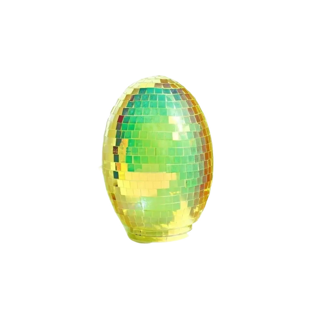 An iridescent glass disco egg ball ornament featuring a shimmering mosaic of green and gold mirrored tiles