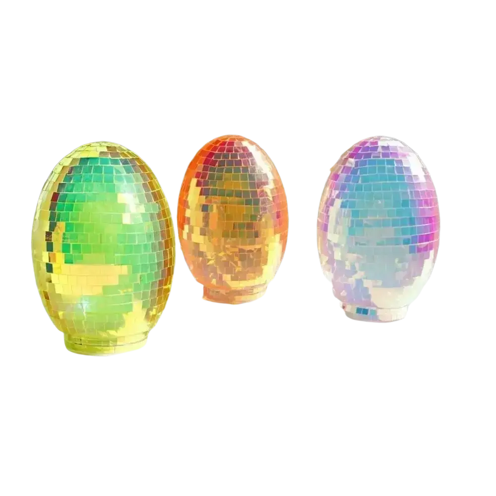Three iridescent glass disco egg ball ornaments with green-yellow, orange-red, and blue-purple mirrored tiles
