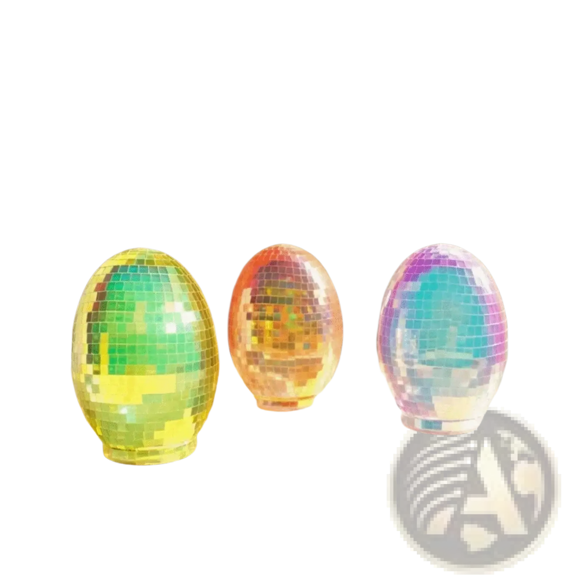 Iridescent glass disco egg ball ornaments in vibrant mosaic patterns casting rainbow light reflections on table