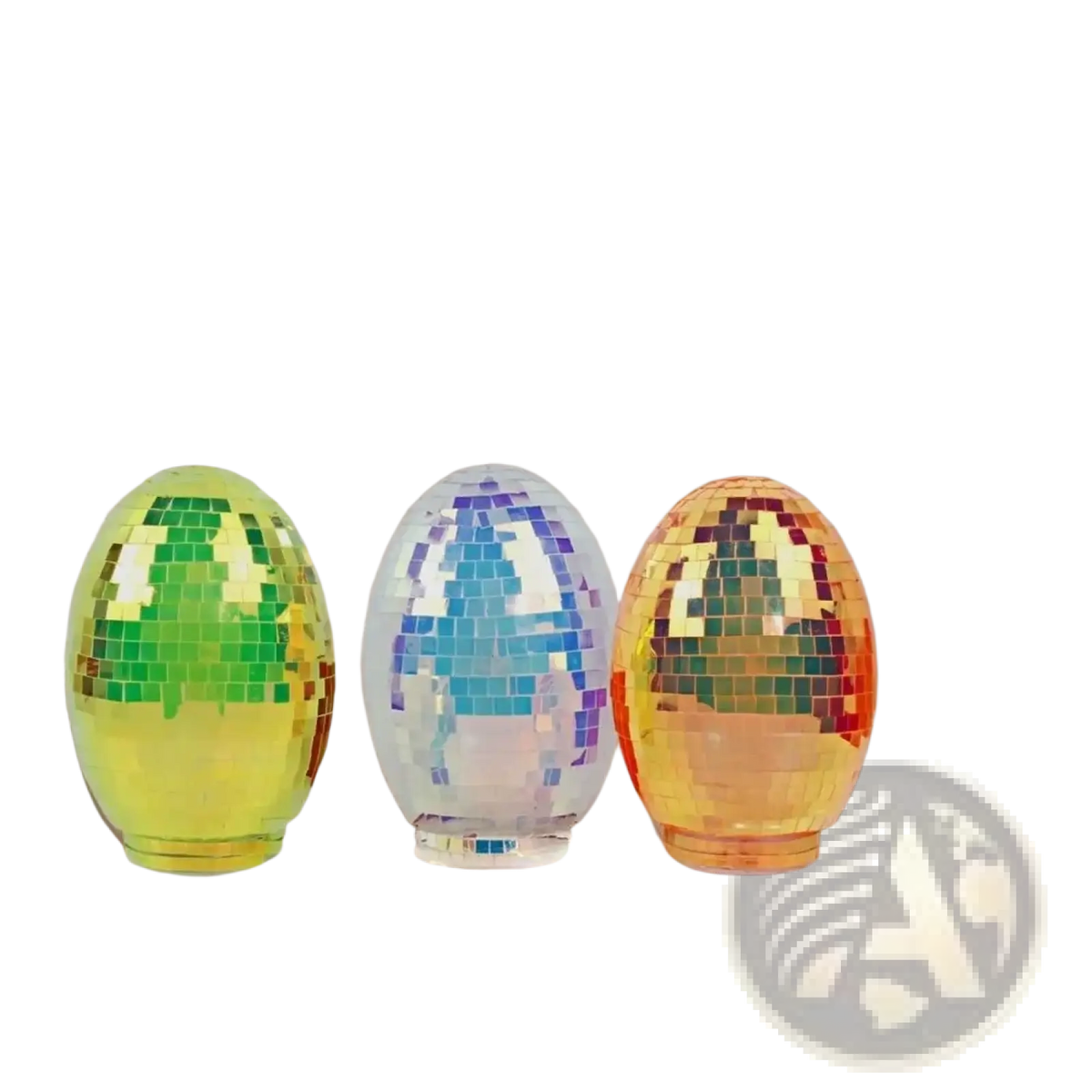 Iridescent glass disco egg ball ornaments with mosaic mirror tiles in green-yellow, blue-purple, and orange-red hues