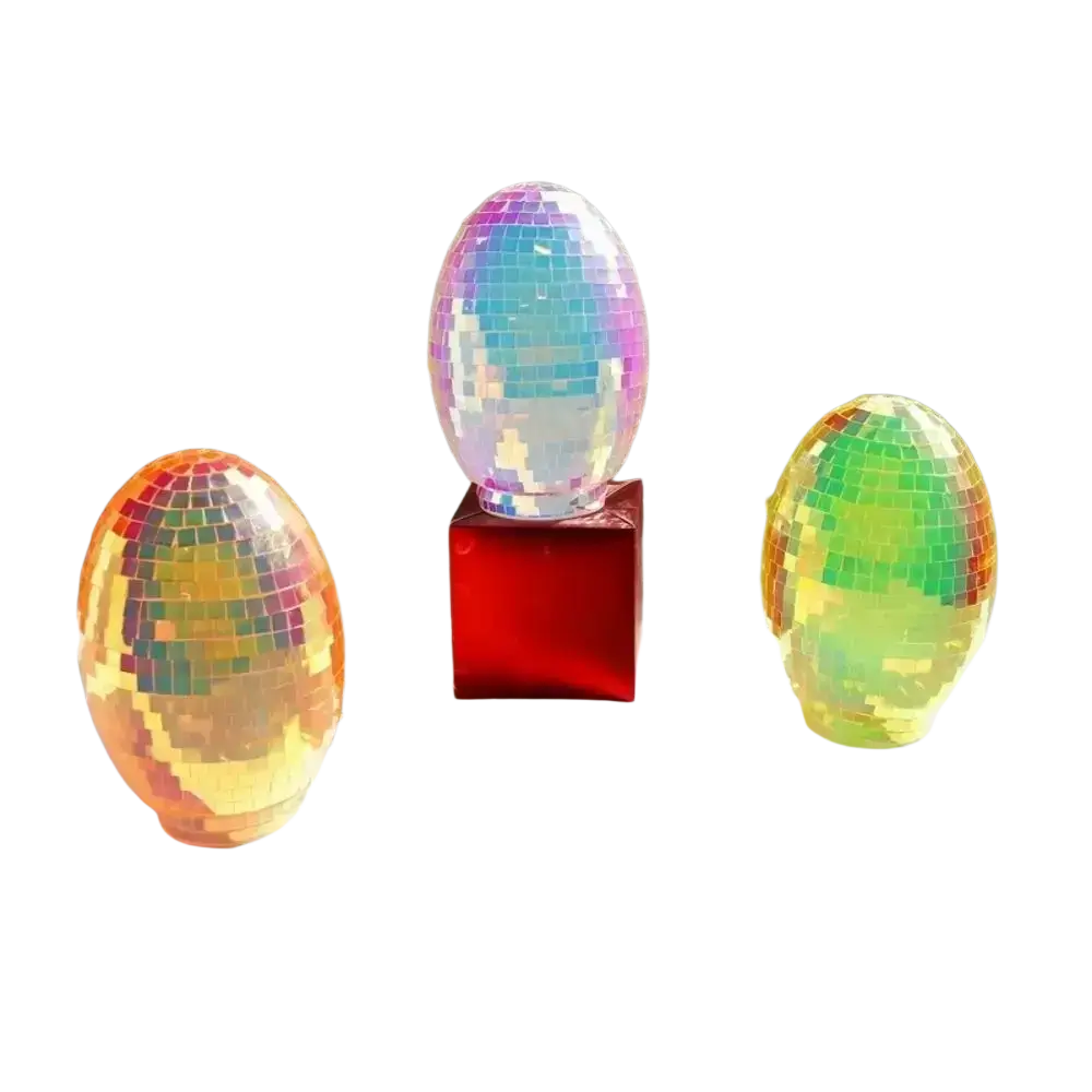 Three iridescent glass disco egg ball ornaments with reflective mosaic surfaces for decorative use