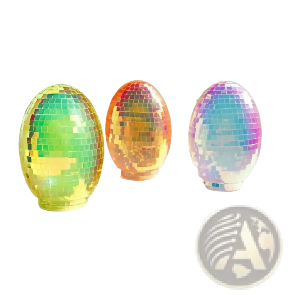 Three iridescent glass disco egg ball ornaments with reflective mosaic tiles shimmering in vibrant rainbow hues